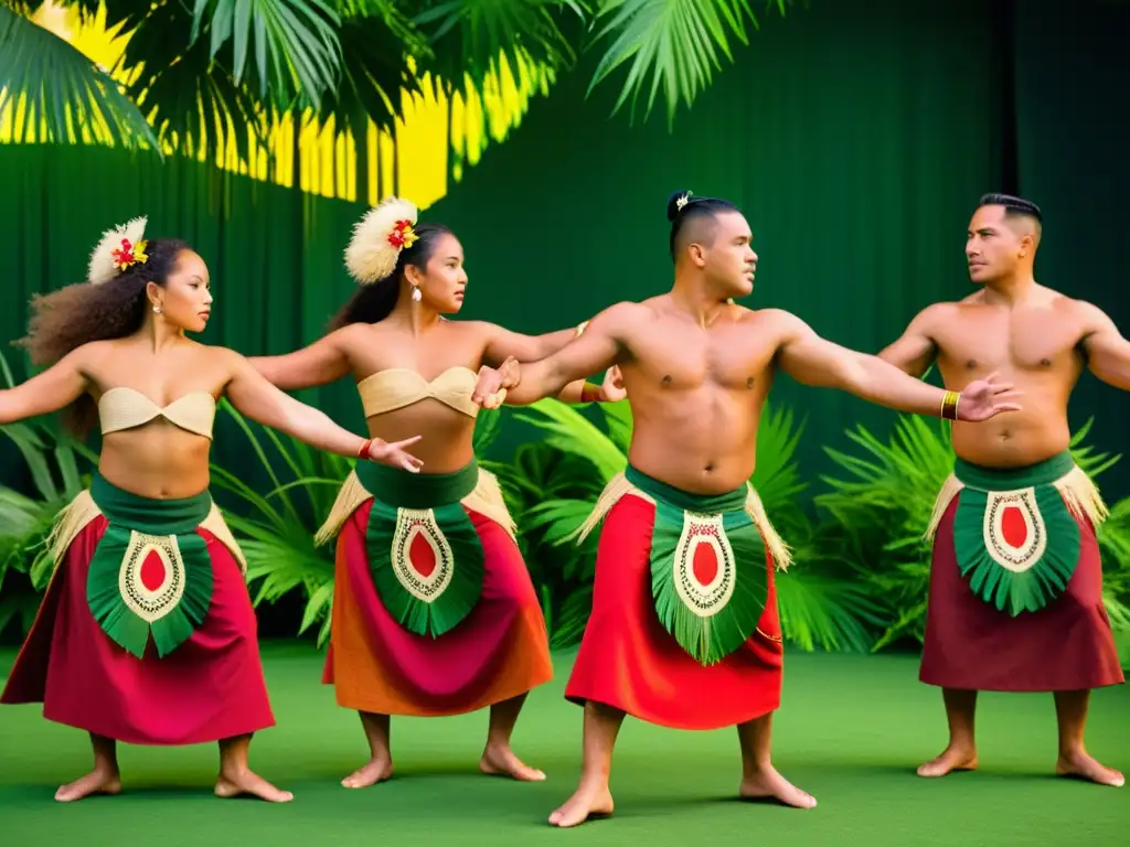 Grupo de bailarines tonganos con trajes tradicionales tejidos, danzando con pasión al atardecer