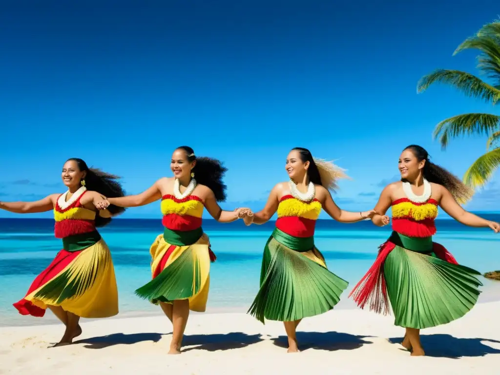 Un grupo de bailarines tonganos ejecuta una vibrante danza tradicional en una playa, mostrando la energía de los Cantos tradicionales danzas Tonga