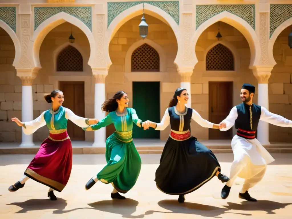 Grupo de bailarines ejecutando la tradicional Dabke danza en un patio soleado del Levante Árabe, con trajes coloridos girando al compás