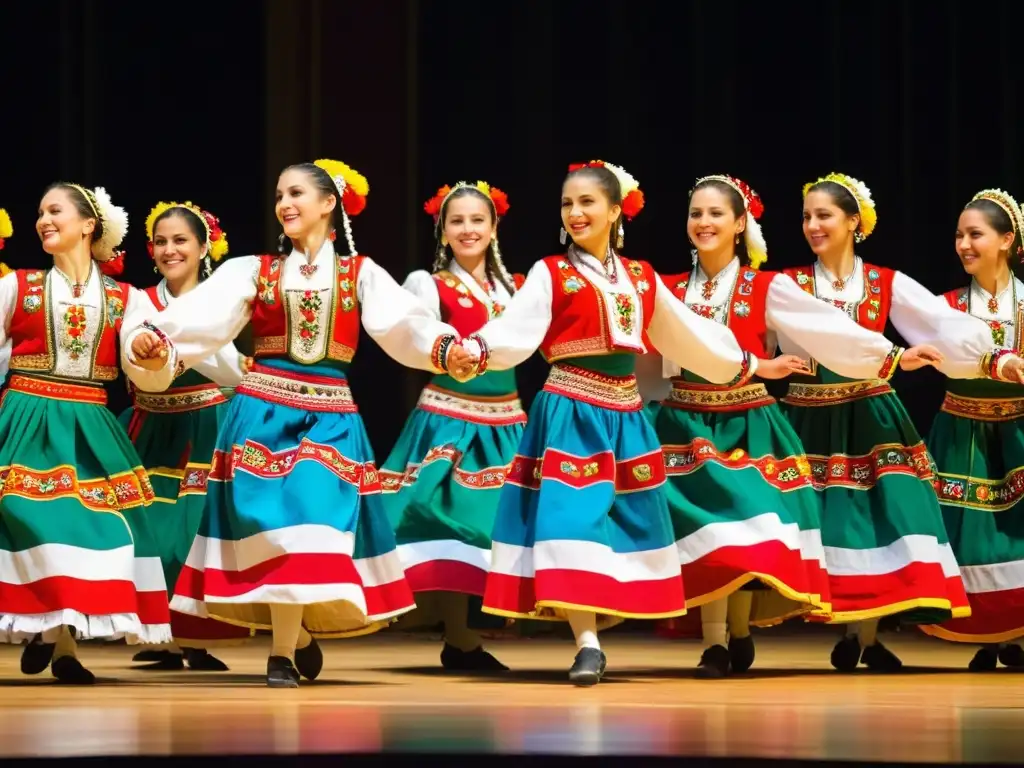 Grupo de bailarines ejecutando la tradicional Danza Rachenitsa en Bulgaria, ataviados con trajes vibrantes y expresiones llenas de pasión