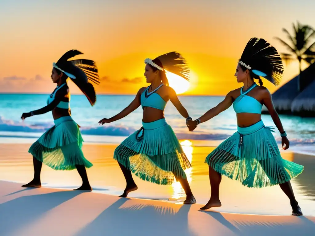 Grupo de bailarines de Kiribati ejecutando la tradicional danza Buki al atardecer en la playa