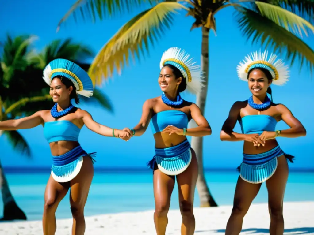 Grupo de bailarines de Kiribati realizando la tradicional danza del plato, exhibiendo destreza y gracia