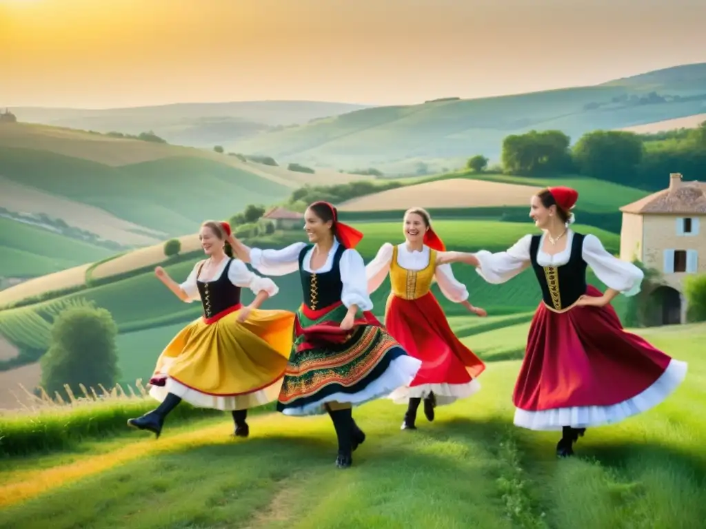 Grupo de bailarines de la tradicional bourrée francesa en escenario rural, con trajes vibrantes y danza animada