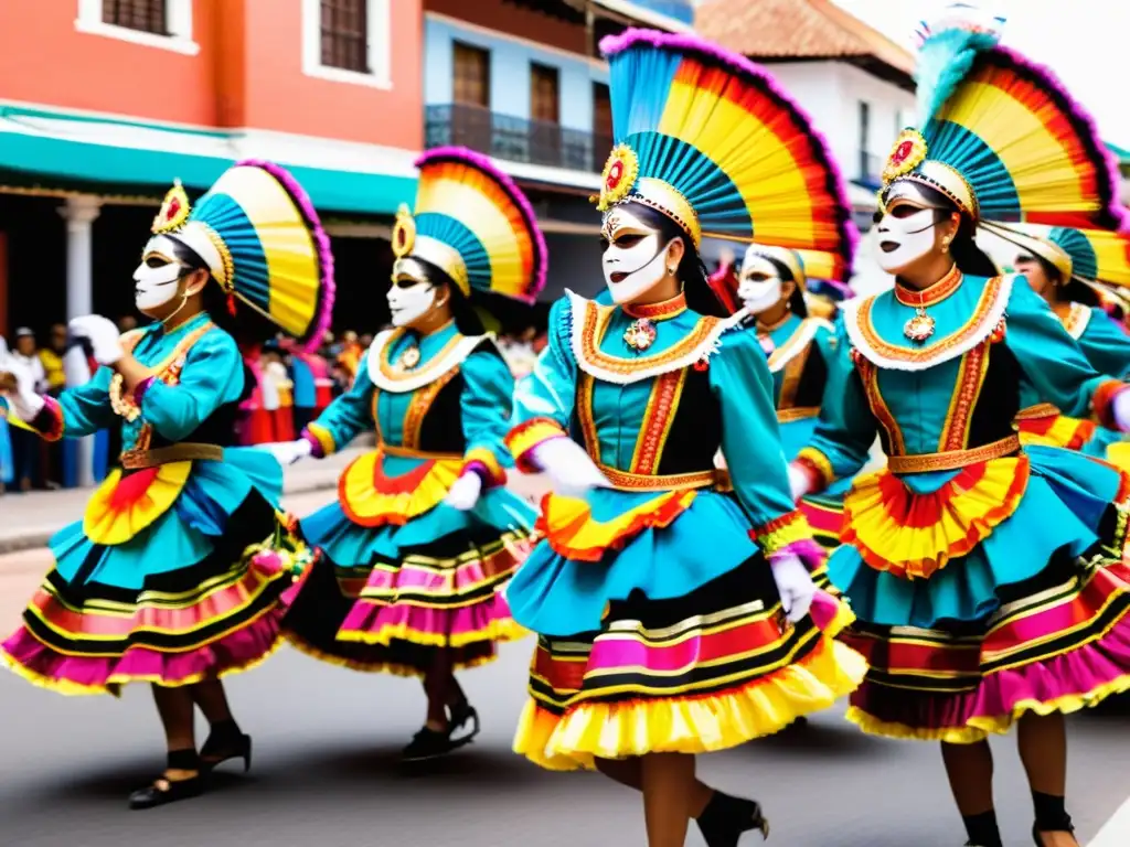 Grupo de bailarines de la tradicional Morenada boliviana, con trajes coloridos y máscaras, danzando con orgullo en las bulliciosas calles de Bolivia