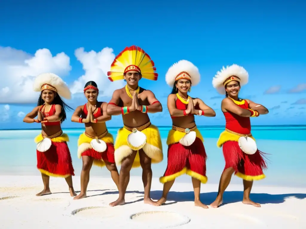 Grupo de bailarines de Kiribati ejecutando el tradicional Buki, manifestación del significado cultural del Kiribati Buki en un entorno natural