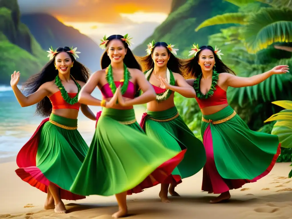 Un grupo de bailarines de hula tradicional con trajes vibrantes en un exuberante escenario tropical, expresando historias a través de sus movimientos