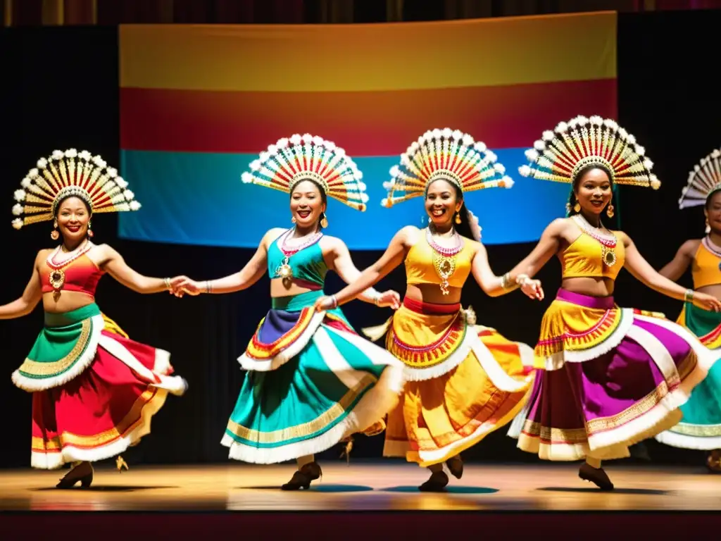 Grupo de bailarines tradicionales con accesorios coloridos que simbolizan el significado cultural de danzas tradicionales, en un escenario vibrante