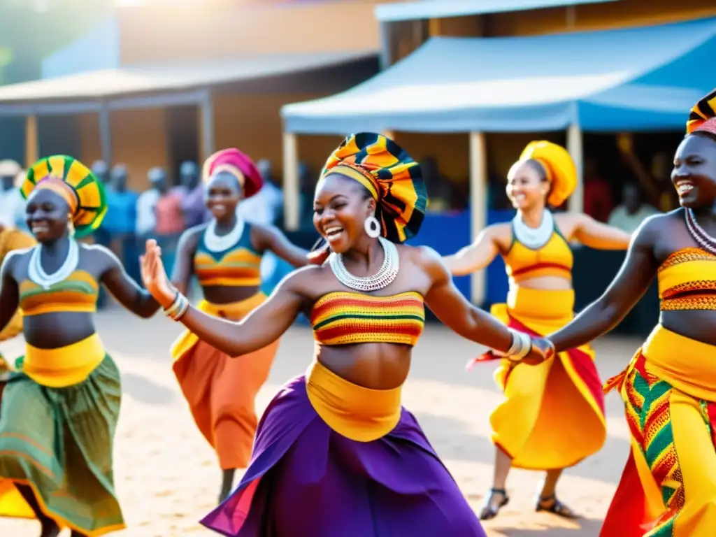 Grupo de bailarines tradicionales africanos danzando al ritmo de Highlife en un mercado vibrante y colorido