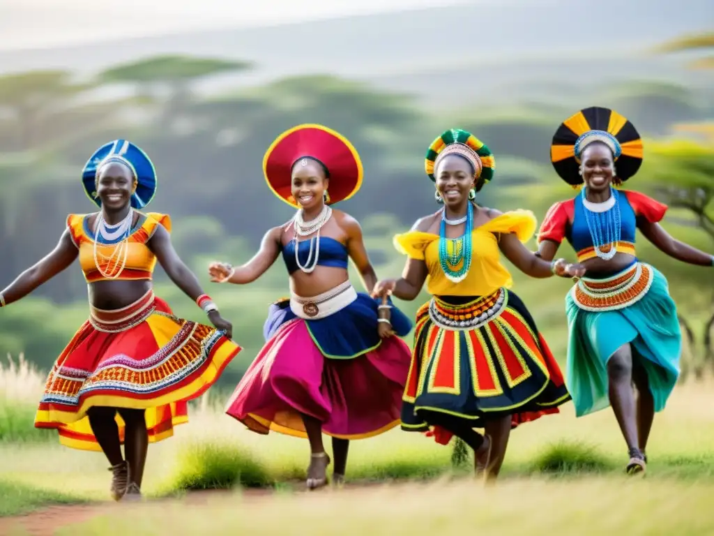 Un grupo de bailarines tradicionales africanos danzando en un claro soleado, rodeados de alta hierba ondulante