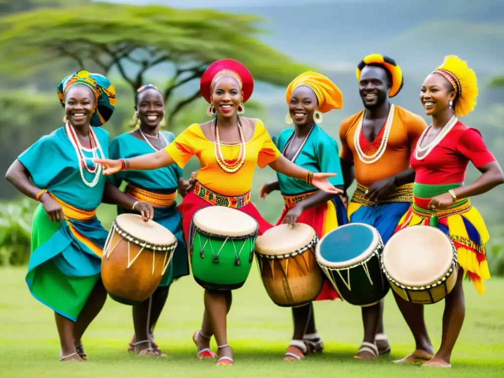 Un grupo de bailarines tradicionales africanos danza con energía y color, expresando la riqueza cultural de África