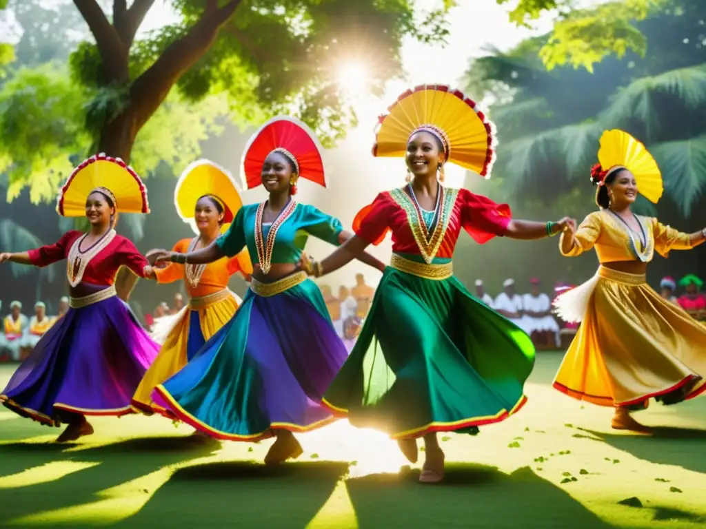 Grupo de bailarines tradicionales danzando al aire libre, en trajes vibrantes y coloridos, en un documental sobre danzas culturales