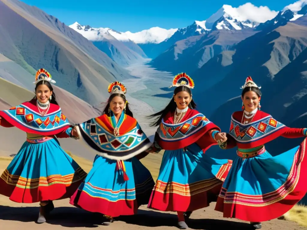 Un grupo de bailarines tradicionales andinos ejecutan un baile vibrante en un paisaje montañoso, con trajes coloridos y movimientos elegantes