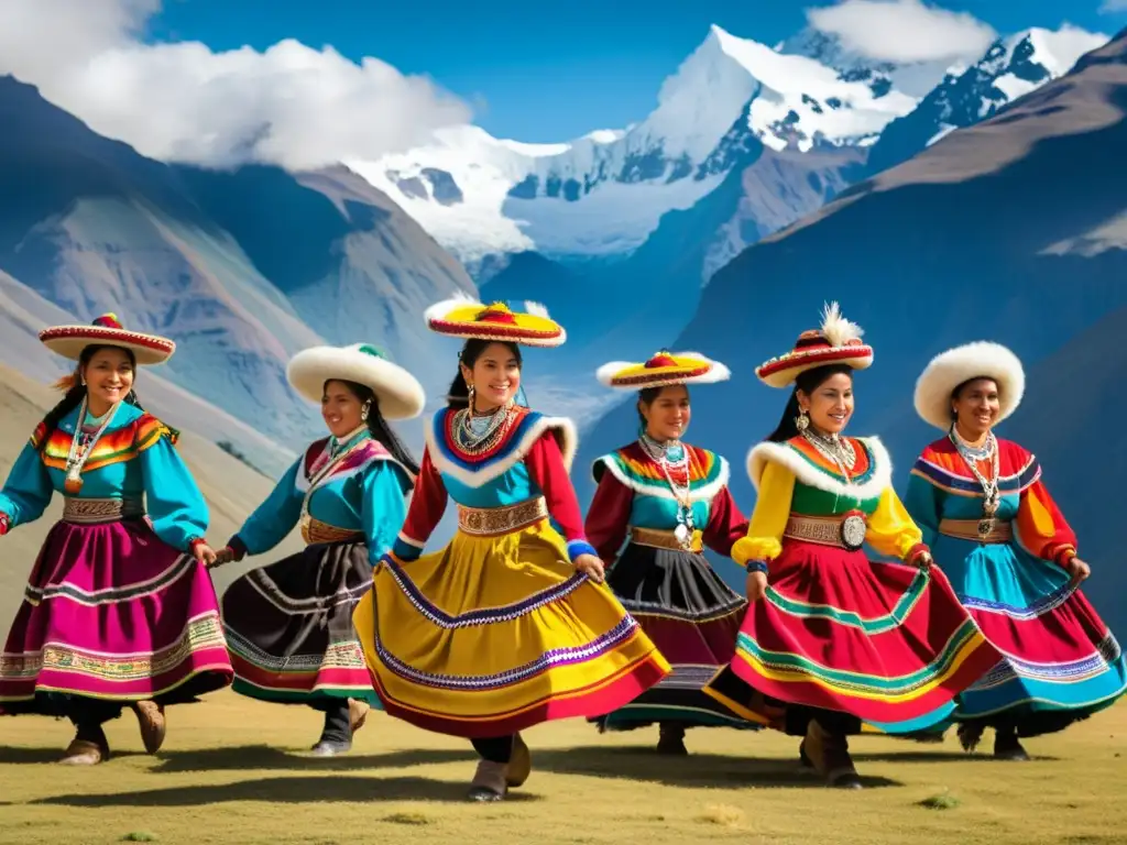 Grupo de bailarines tradicionales andinos con trajes coloridos danzando contra el telón de fondo de los majestuosos Andes