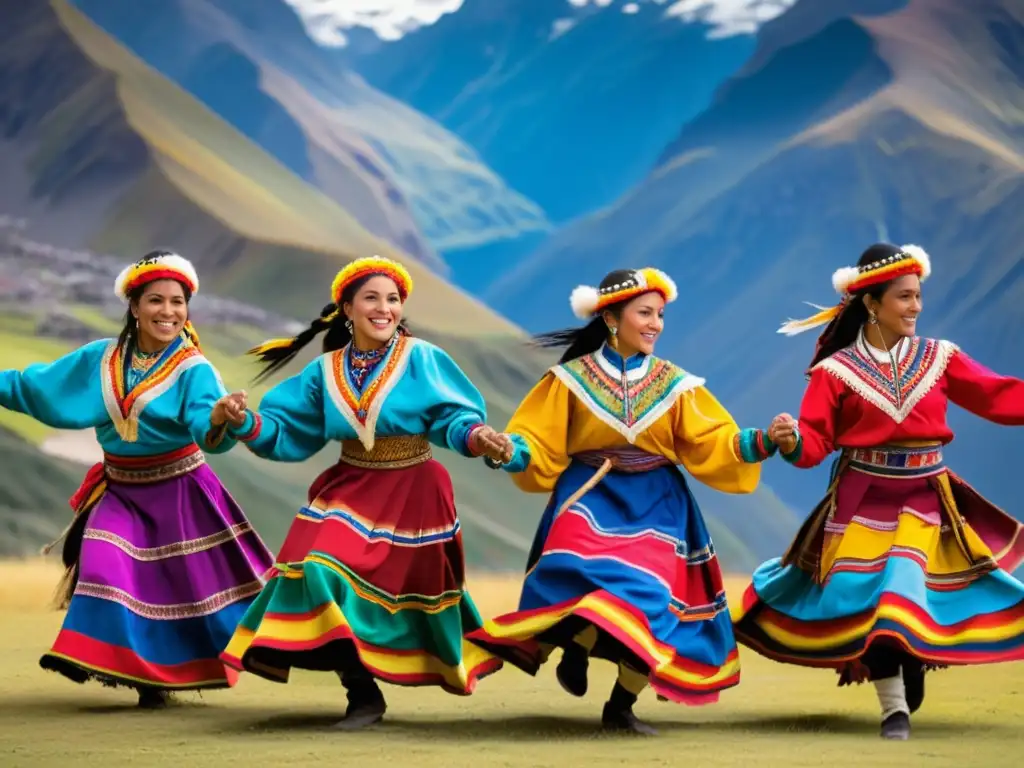 Un grupo de bailarines tradicionales andinos realizando una danza vibrante y enérgica en trajes coloridos, con los majestuosos Andes de fondo