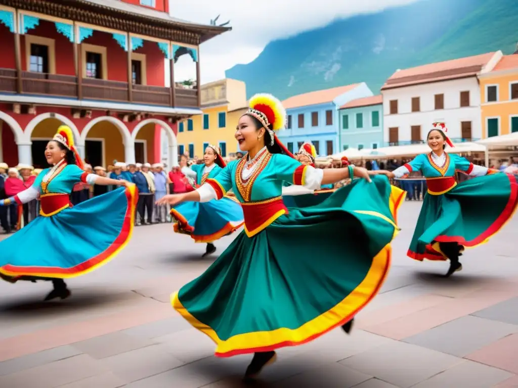 Grupo de bailarines tradicionales realizando una animada danza en la plaza del pueblo