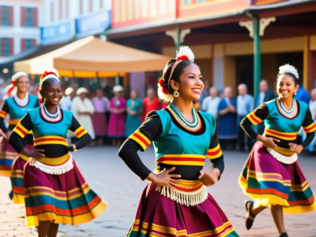 Grupo de bailarines tradicionales danzando en un animado mercado