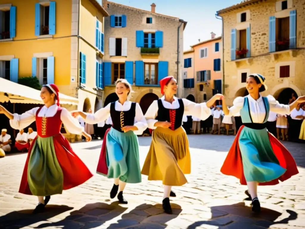 Grupo de bailarines tradicionales ejecutando el animado Rigaudon en una plaza provenzal, vistiendo trajes vibrantes