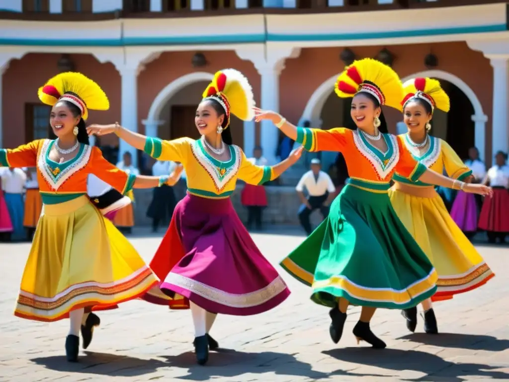 Grupo de bailarines tradicionales en un animado taller de danza turística, con colores vibrantes y movimientos sincronizados, cautivando a la multitud