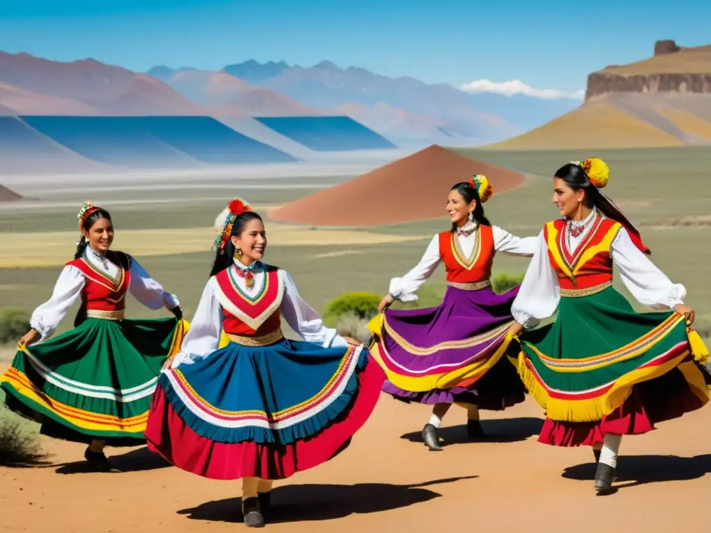 Grupo de bailarines tradicionales argentinos realizando la danza Cueca cuyana en el paisaje árido del oeste, capturando la tradición y emoción de la cultura argentina