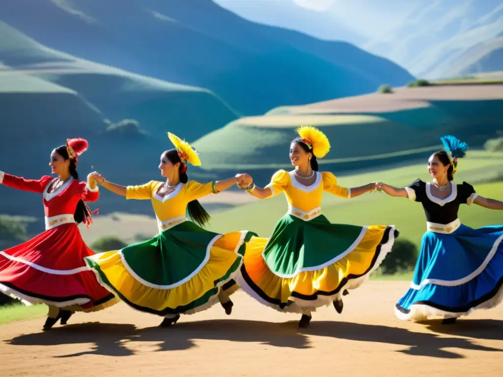 Un grupo de bailarines tradicionales argentinos, en trajes vibrantes, realizando la chacarera en un paisaje soleado