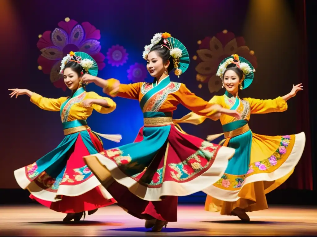 Un grupo de bailarines tradicionales asiáticos ejecutan una danza en un escenario decorado con flores, envueltos en coloridos trajes