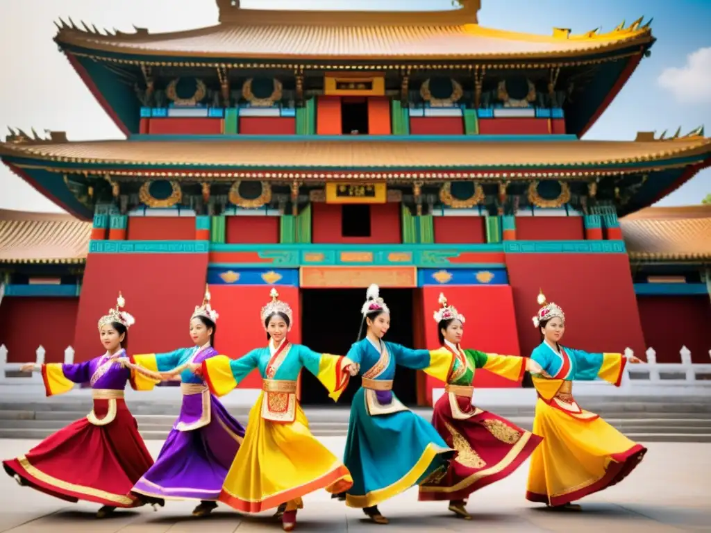 Grupo de bailarines tradicionales asiáticos danzando en un templo histórico, capturando la esencia de las escuelas de danzas tradicionales asiáticas