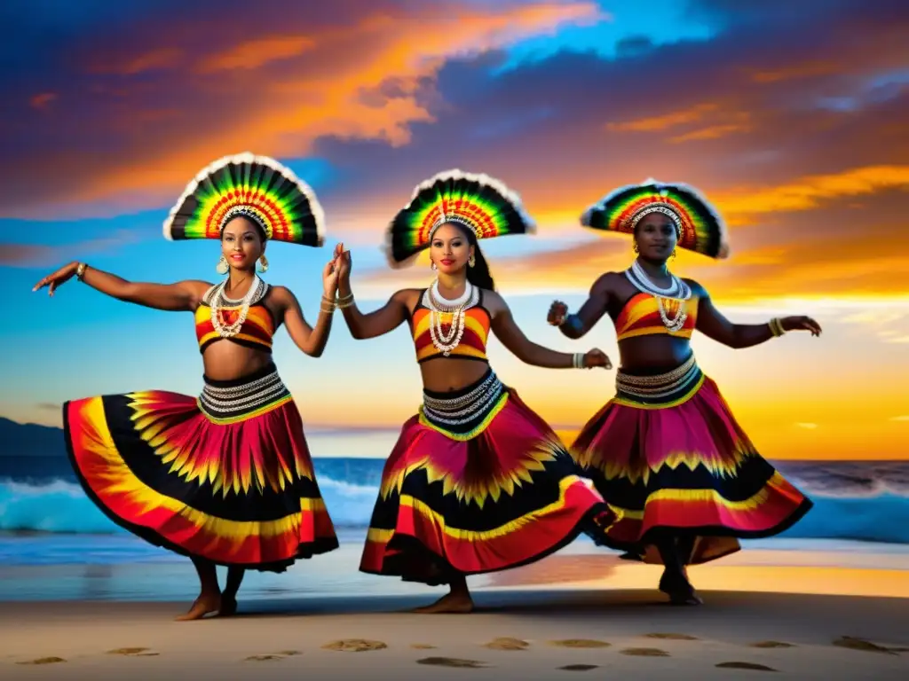 Grupo de bailarines tradicionales del Pacífico danzando al atardecer