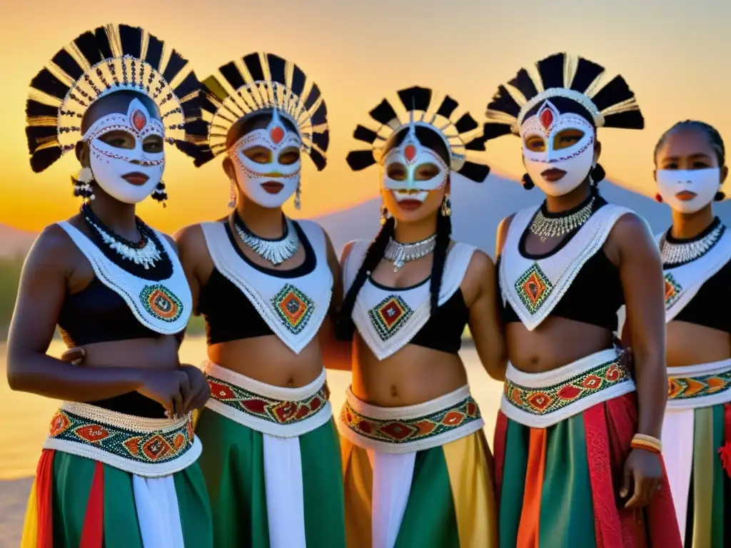 Un grupo de bailarines tradicionales se reúne al atardecer, sosteniendo máscaras y luciendo trajes vibrantes