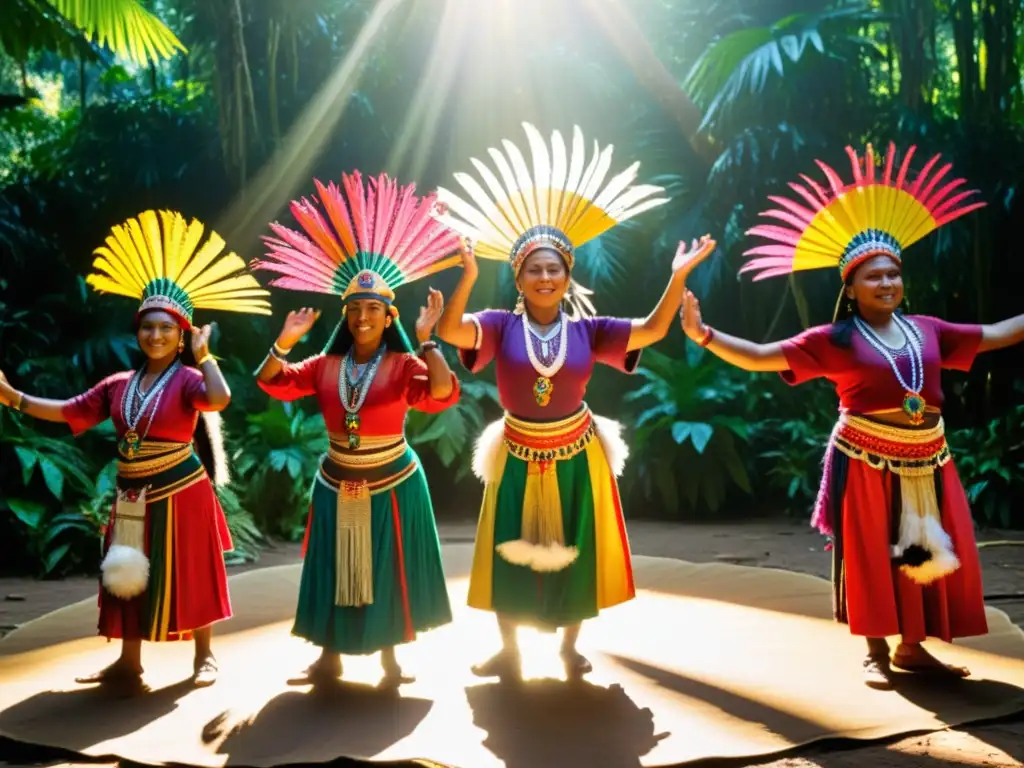 Grupo de bailarines tradicionales con atuendos vibrantes y plumas, danzando en la selva amazónica