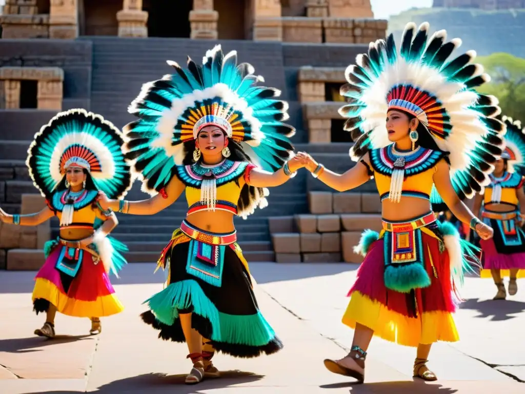 Un grupo de bailarines tradicionales aztecas en trajes vibrantes y tocados de plumas, danzando en una plaza soleada rodeada de ruinas antiguas