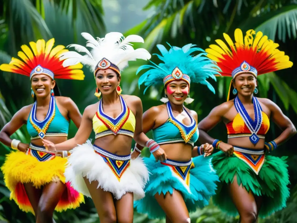 Un grupo de bailarines tradicionales ejecuta un baile dinámico y enérgico en trajes coloridos y detallados, en medio de un exuberante paisaje tropical