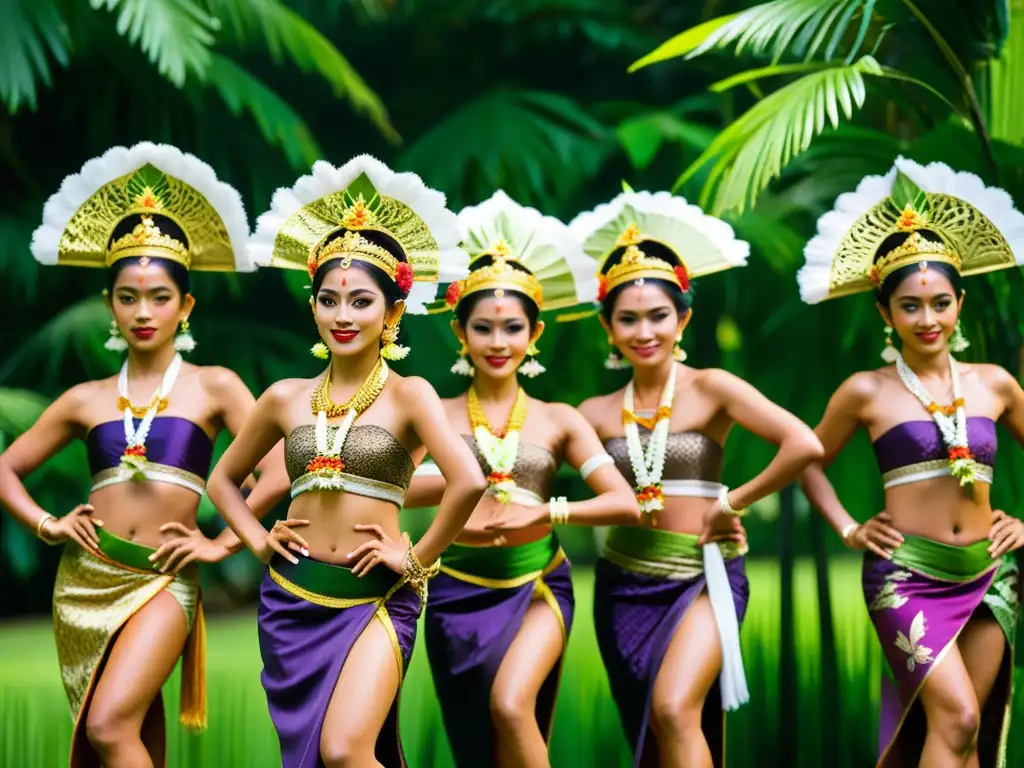 Grupo de bailarines tradicionales balineses en vibrantes trajes, ejecutando la danza Legong entre exuberante follaje tropical