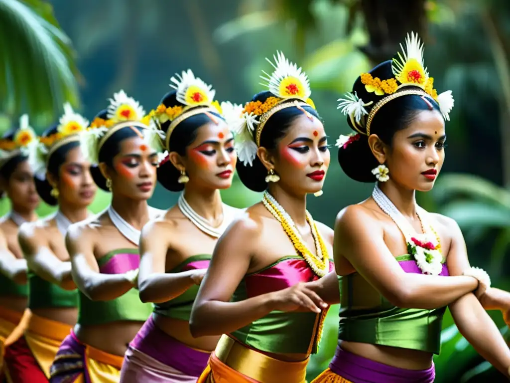 Un grupo de bailarines tradicionales balineses ejecutan una danza en trajes vibrantes, en un exuberante paisaje