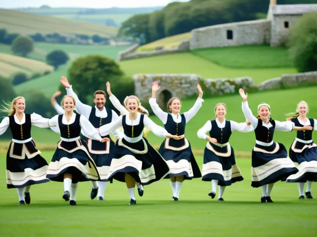 Un grupo de bailarines tradicionales bretones con trajes vibrantes y patrones intrincados, realizando graciosos movimientos en círculo