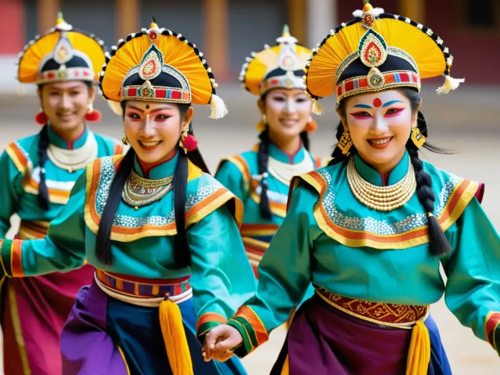 Grupo de bailarines tradicionales de Bután con máscaras que representan el significado cultural de las máscaras en Bután