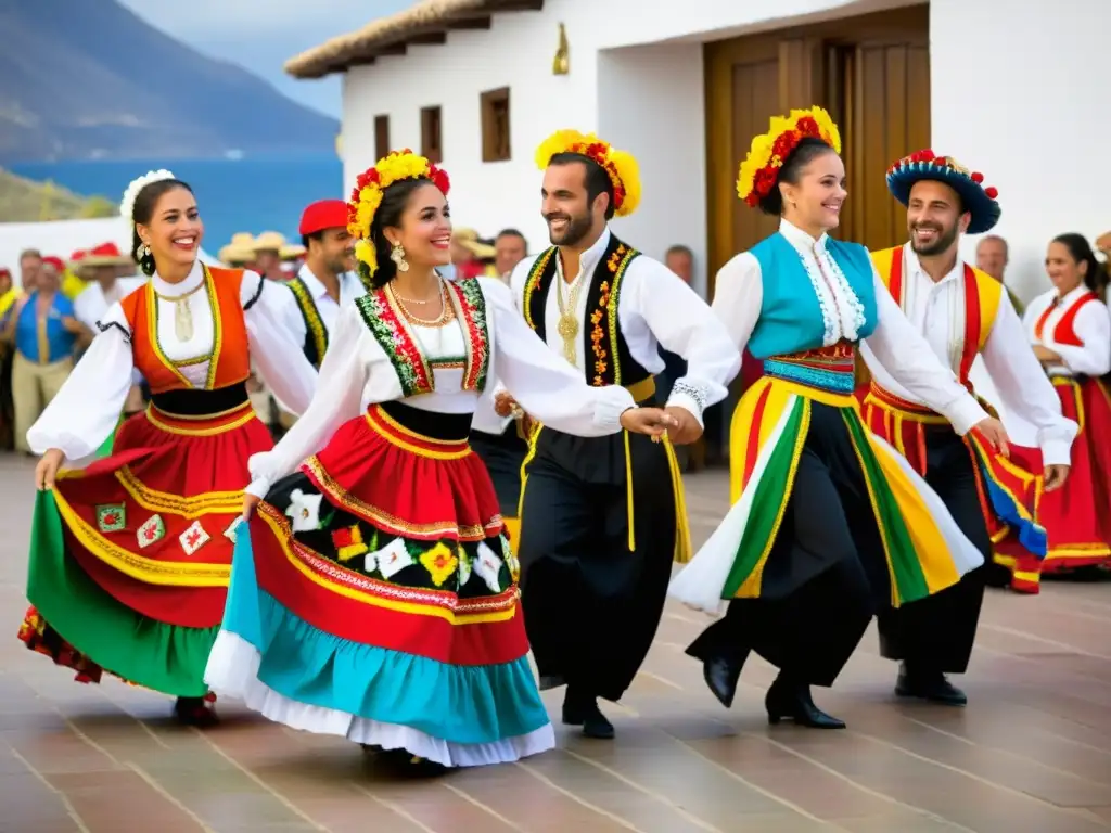 Un grupo de bailarines tradicionales canarios danza el animado 'baile del timple' en trajes vibrantes y auténticos