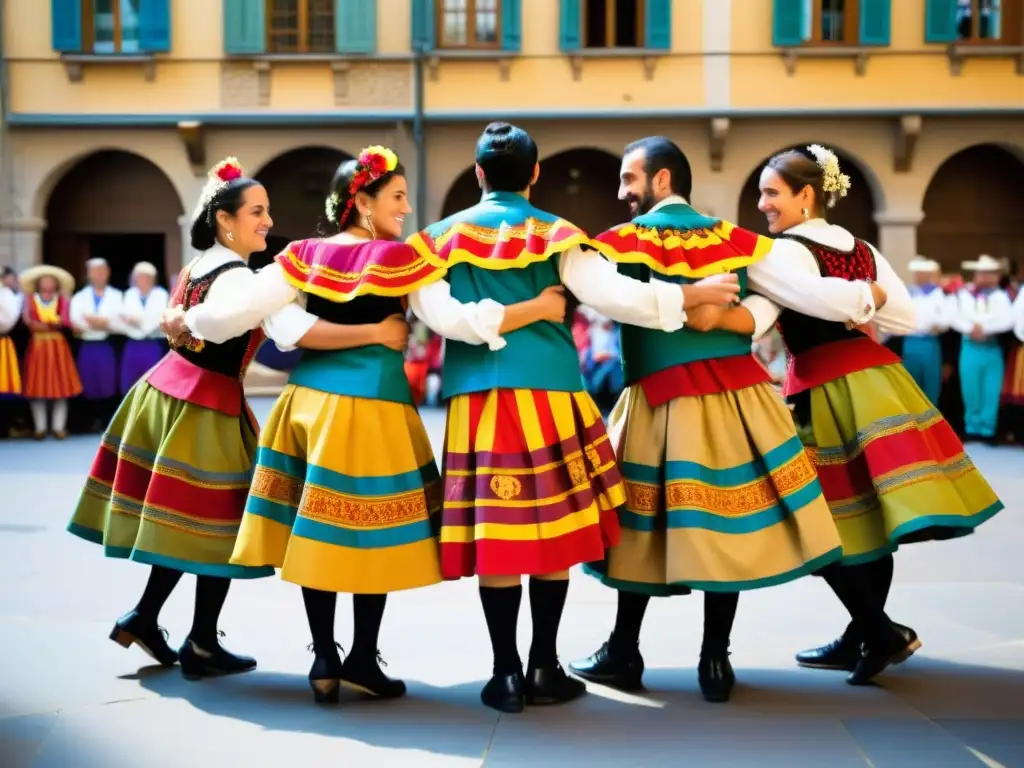 Un grupo de bailarines tradicionales catalanes en círculo, vestidos con vibrantes trajes tradicionales