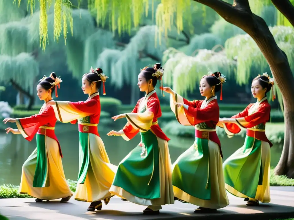 Un grupo de bailarines tradicionales chinos realiza con gracia movimientos precisos en un jardín exuberante