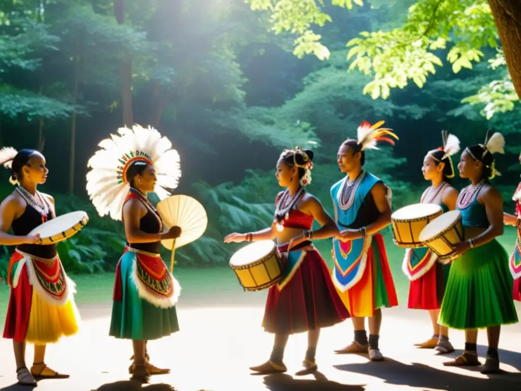 Grupo de bailarines tradicionales en un claro del bosque, con trajes vibrantes y expresiones determinadas