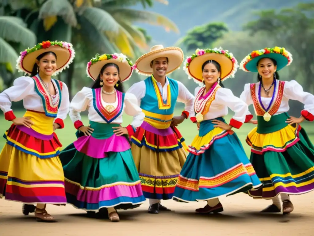 Un grupo de bailarines tradicionales colombianos con trajes multicolores, moviéndose graciosamente en un entorno natural exuberante