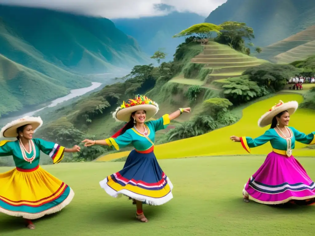 Un grupo de bailarines tradicionales colombianos, vestidos con trajes vibrantes, realizan una danza animada en un paisaje exuberante