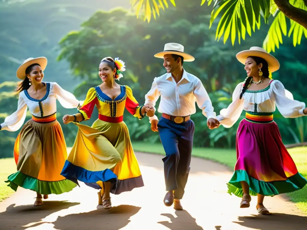 Un grupo de bailarines tradicionales colombianos danzando con gracia al ritmo de la cumbia en un escenario al aire libre rodeado de exuberante vegetación