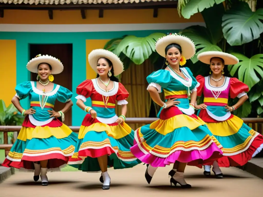 Un grupo de bailarines tradicionales colombianos con trajes vibrantes danzan al ritmo de la cumbia en un entorno cultural