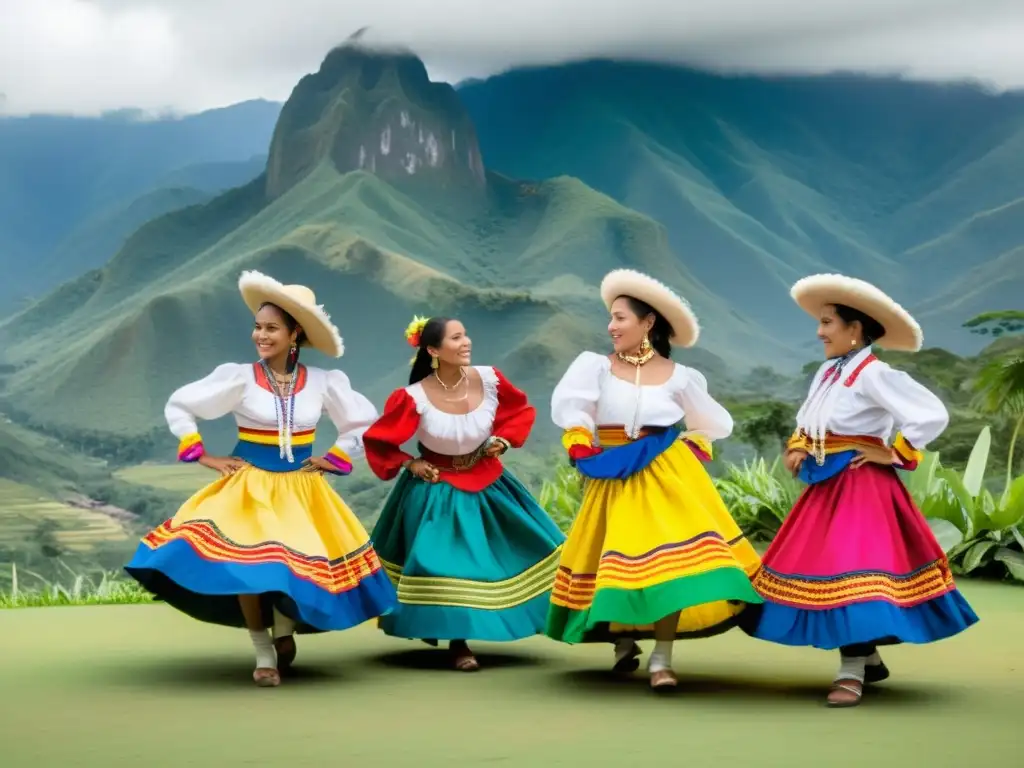 Un grupo de bailarines tradicionales colombianos bailan con gracia y coloridos trajes al ritmo del tiple colombiano en un entorno rural