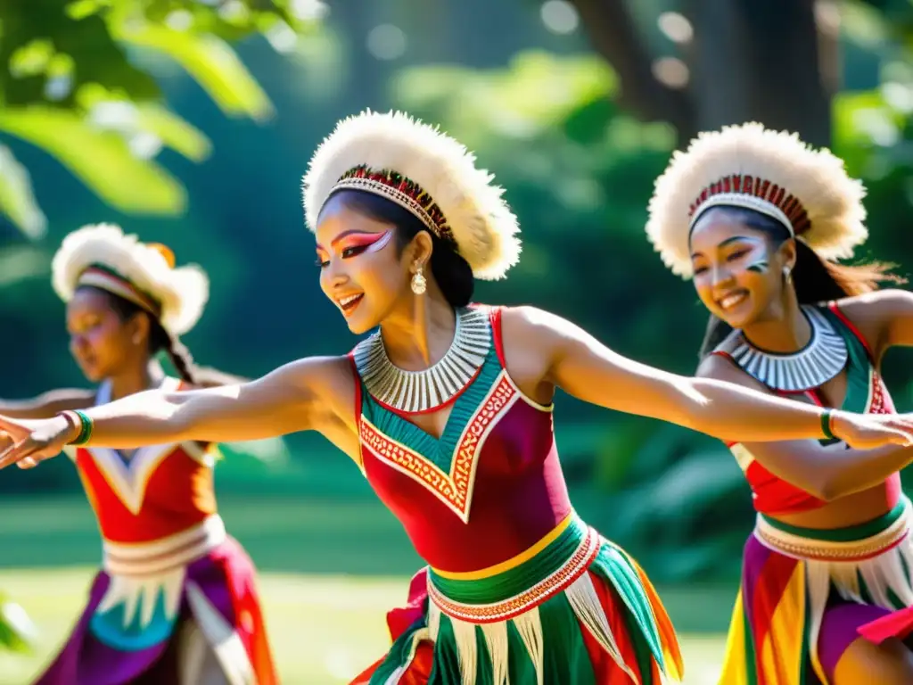 Baile tradicional: gracia y color en la naturaleza Un grupo de bailarines tradicionales ejecutan una colorida danza en un claro soleado rodeado de exuberante vegetación