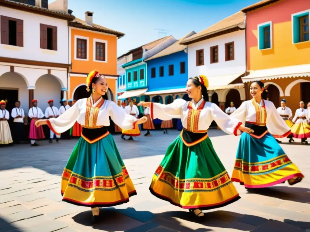 Grupo de bailarines tradicionales improvisando una colorida danza folclórica en la plaza de un pueblo, resaltando la importancia de la improvisación en danza