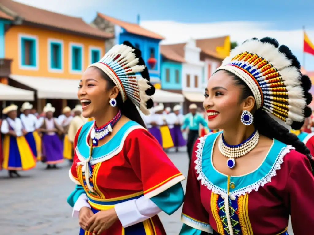 Grupo de bailarines tradicionales danzando con coloridos trajes en una plaza