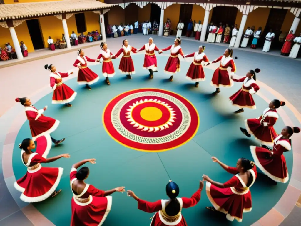 Grupo de bailarines tradicionales en coloridos trajes, danzando en círculo con expresiones intensas y movimientos llenos de energía