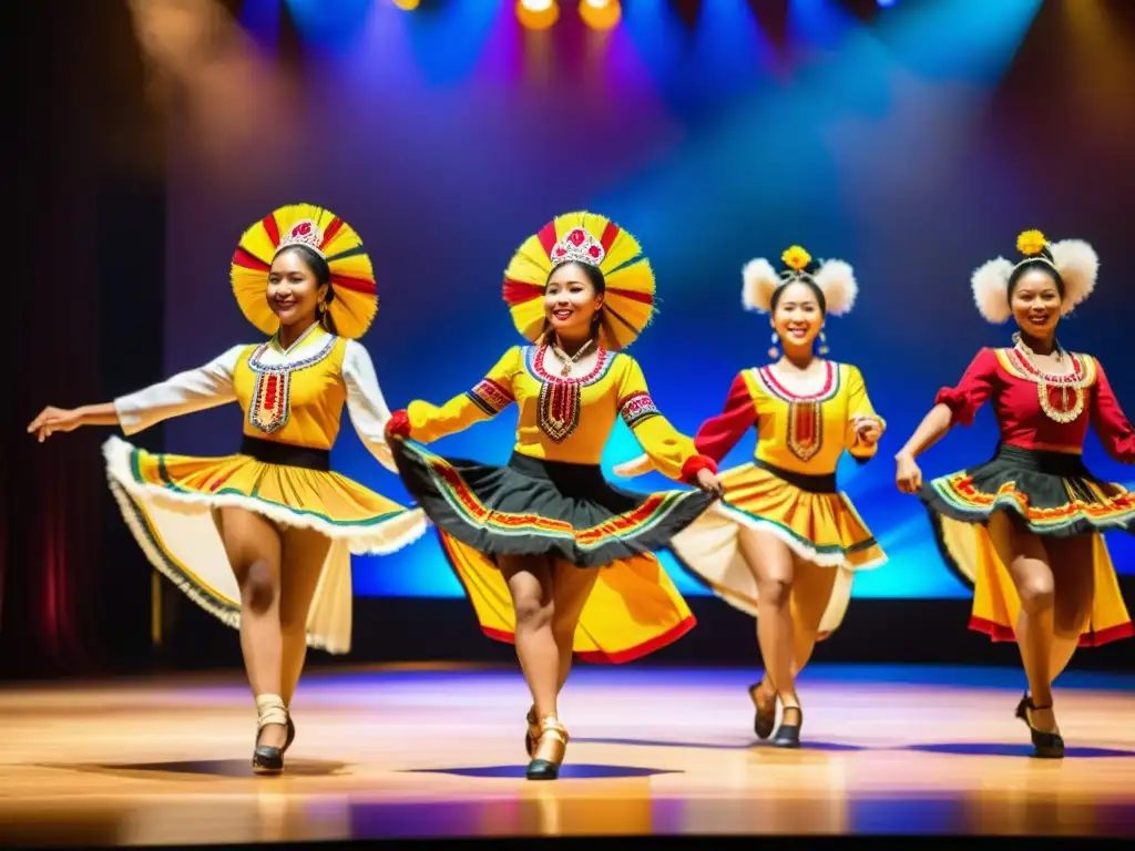 Un grupo de bailarines tradicionales con coloridos trajes en un escenario, transmitiendo la importancia de la danza tradicional