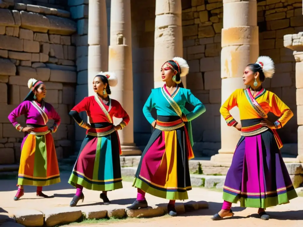 Un grupo de bailarines tradicionales con coloridos trajes en ruinas antiguas